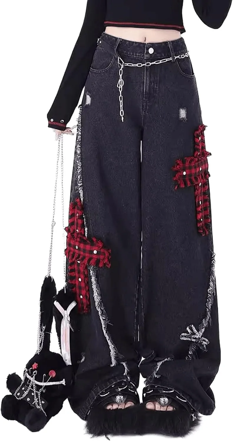 

Женские рок-панк джинсы с потертостями, высокая талия, широкие LREUIP