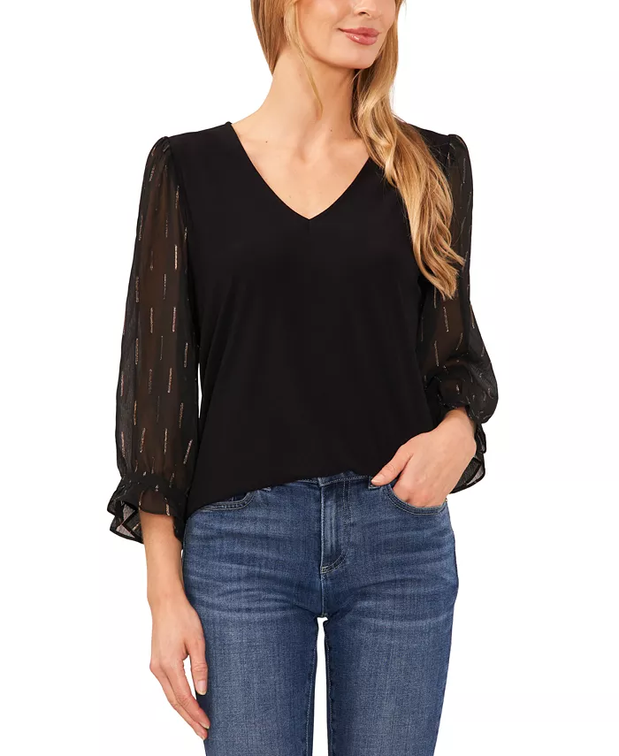 

Женский прозрачный трикотажный топ с V-образным вырезом и золотистым люрексом, смешанная ткань, рукава 3/4 CeCe, черный