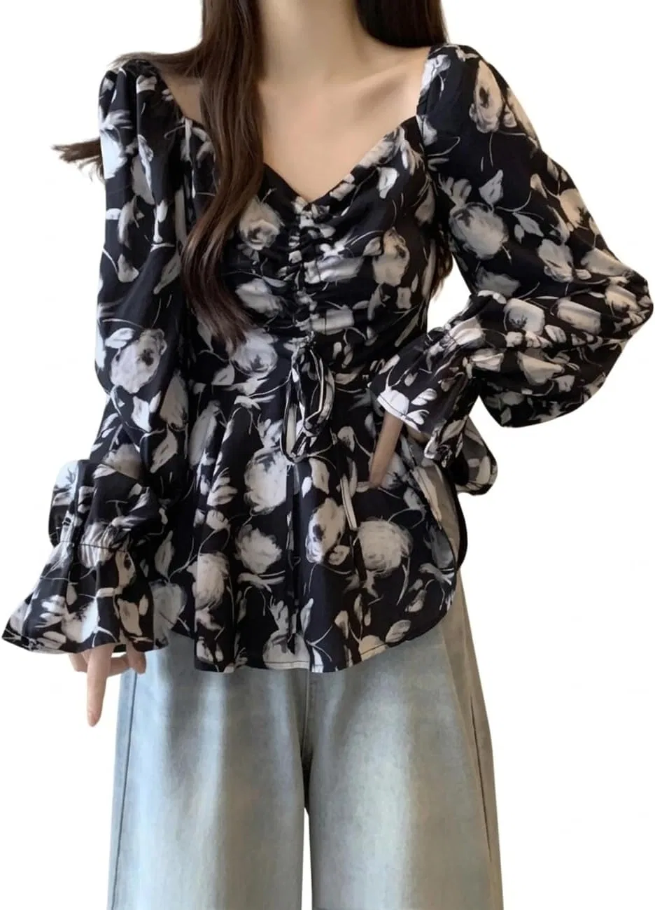 Блуза с цветочным принтом, женская, Square Neck, Black
