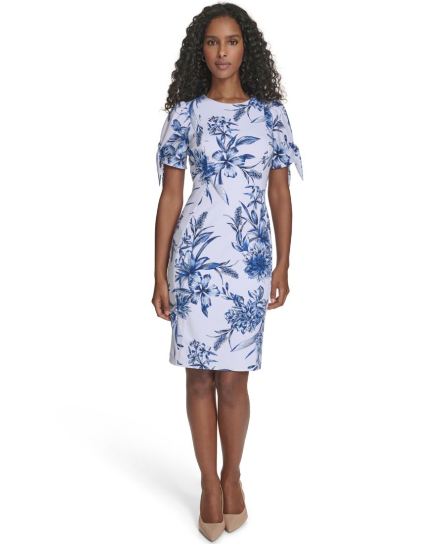 

Женское платье-футляр с круглым вырезом и короткими рукавами Calvin Klein, Chambray Multi