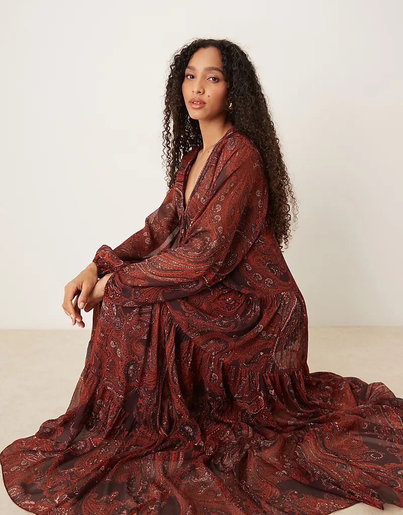 

Платье макси из шифона Mango с принтом пейсли цвета ржавчины