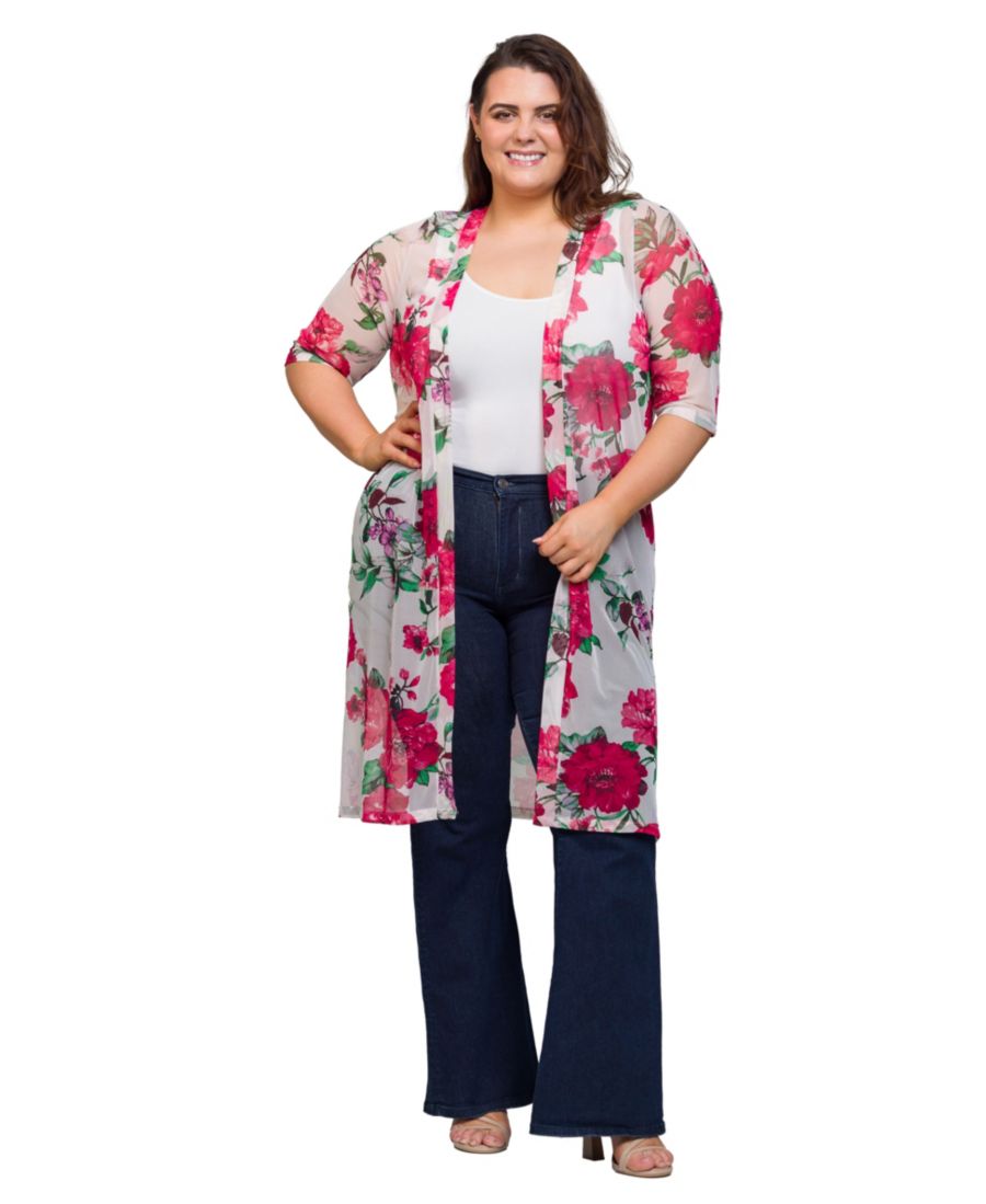 

Прозрачный кардиган-накидка с цветочным принтом, длиной до колена, больших размеров 24seven Comfort Apparel, White multi