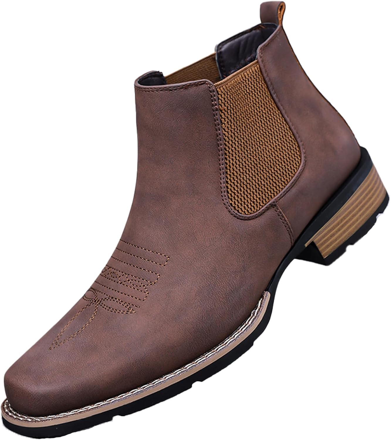

Мужские западные ковбойские ботинки Челси с классическим квадратным носком, ковбойские повседневные ботинки до щиколотки, ретро-стиль, стильные ботинки без шнуровки для повседневного и делового образа Enoegmsd, коричневый