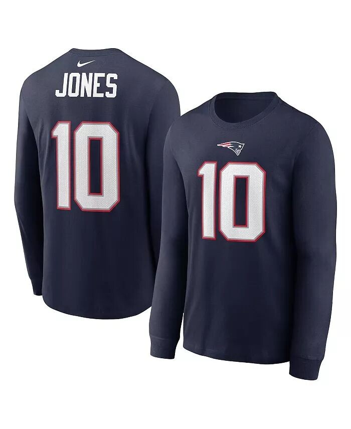 

Мужская футболка Mac Jones Navy New England Patriots с длинным рукавом и именем игрока Nike