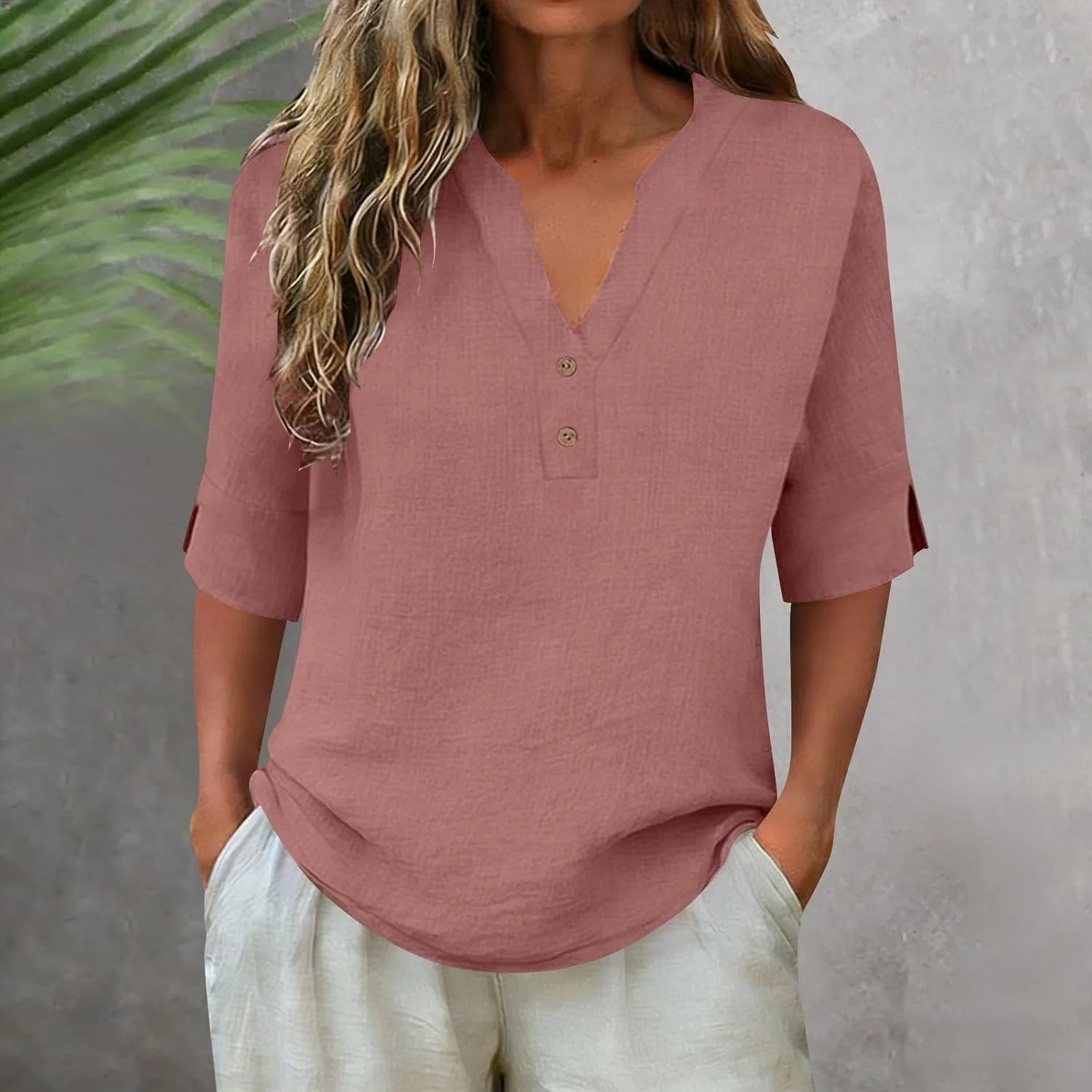 Блуза с V-образным вырезом, Cotton Linen, женская, Rose Gold — фото 3