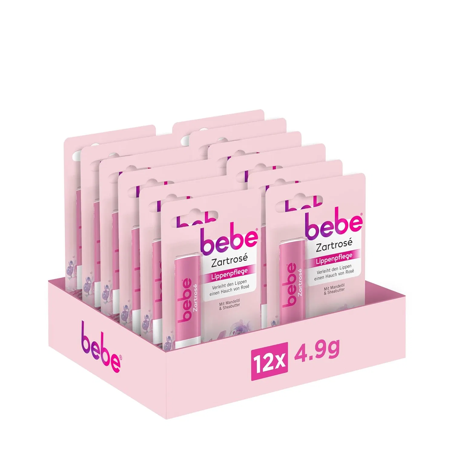 Бальзам для губ «Zartrosé» с миндальным маслом и маслом ши от bebe, 12 x 4.9 г Bebe