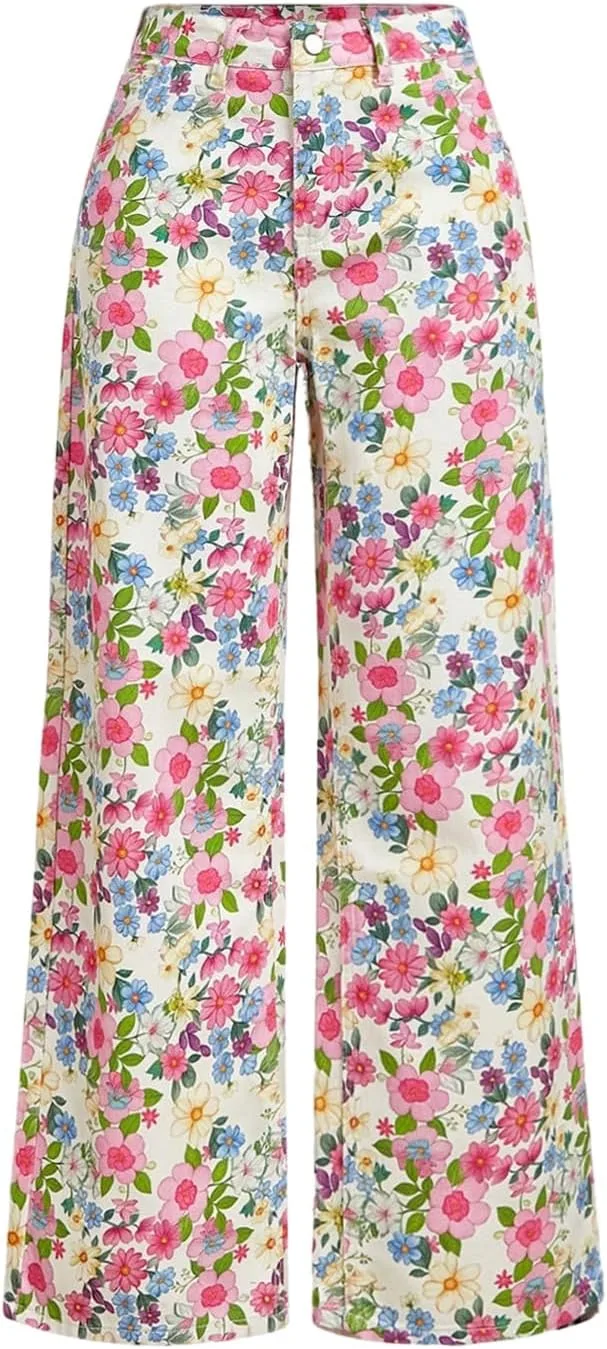 

WDIRARA женские богемные джинсы с цветочным принтом, широкие, с высокой талией