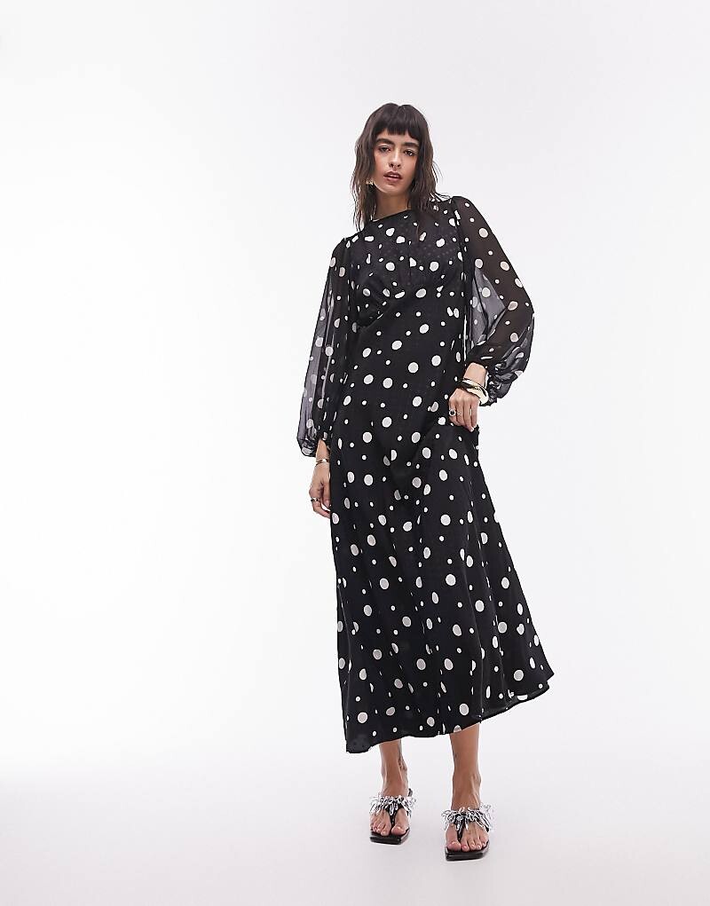 

Topshop — платье миди со присборенным лифом в однотонный жаккардовый горошек