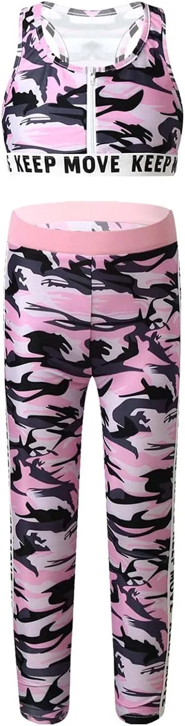 Детский спортивный комплект: топ на бретелях и леггинсы, Moggemol, Zipper-pink-camo