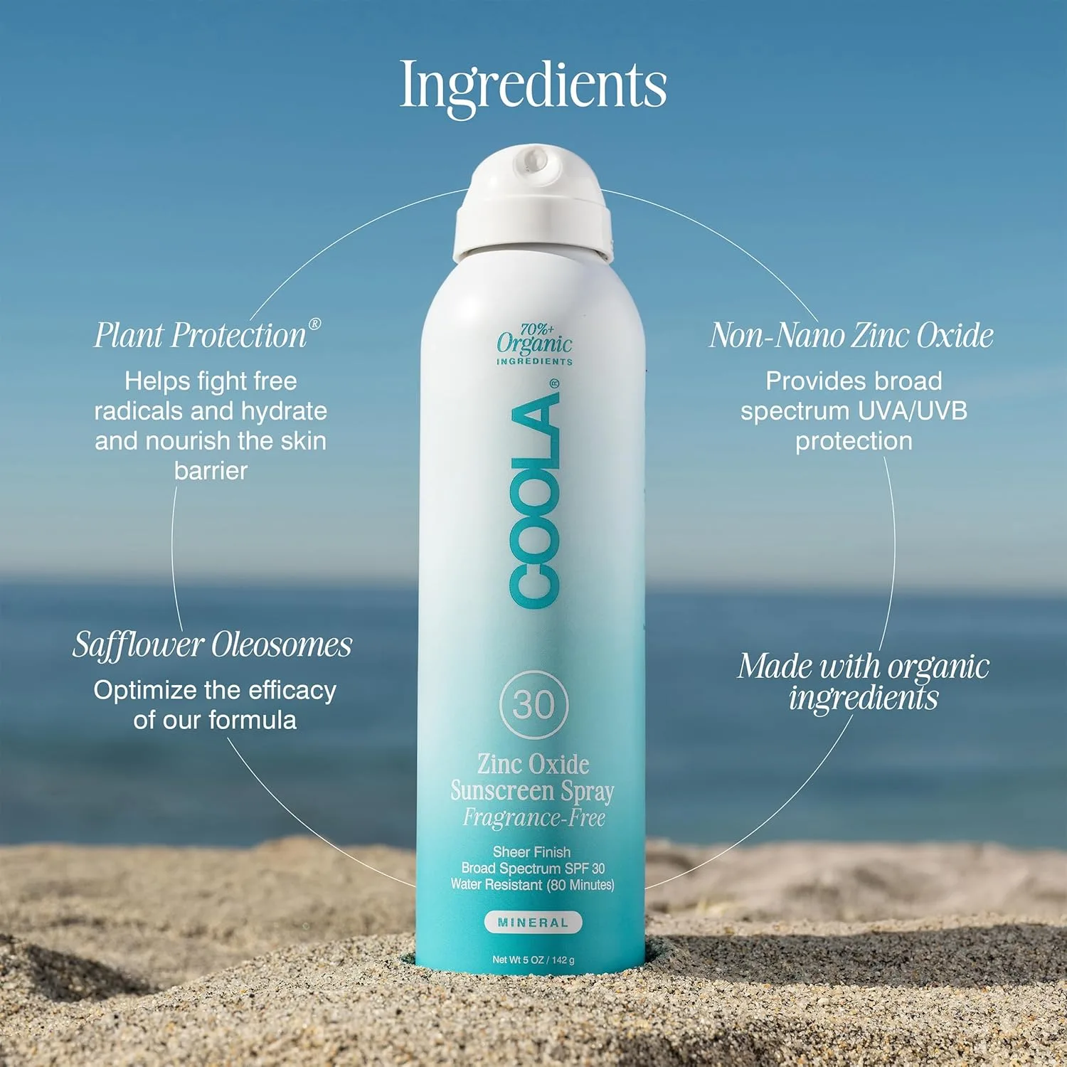 Солнцезащитный спрей COOLA Organic Mineral Sunscreen SPF 30, протестирован дерматологами, обеспечивает ежедневную защиту кожи, подходит для веганов и не содержит глютена, без отдушек, 140 мл. — фото 4