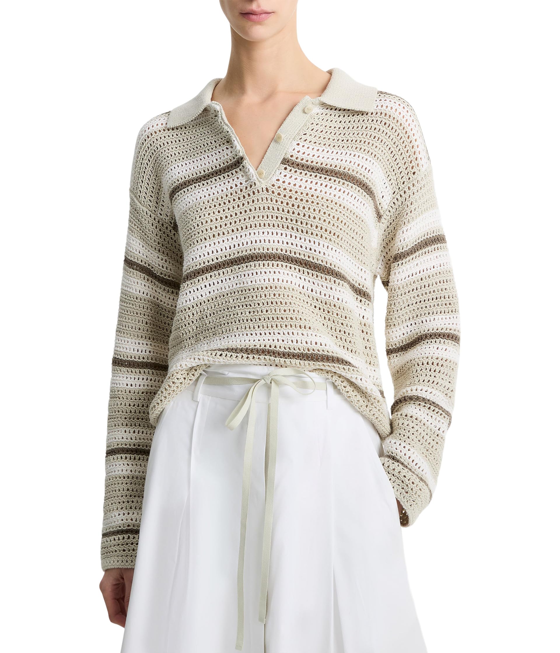 

Поло Vince Mesh Stripe Button Polo, White Stone Combo