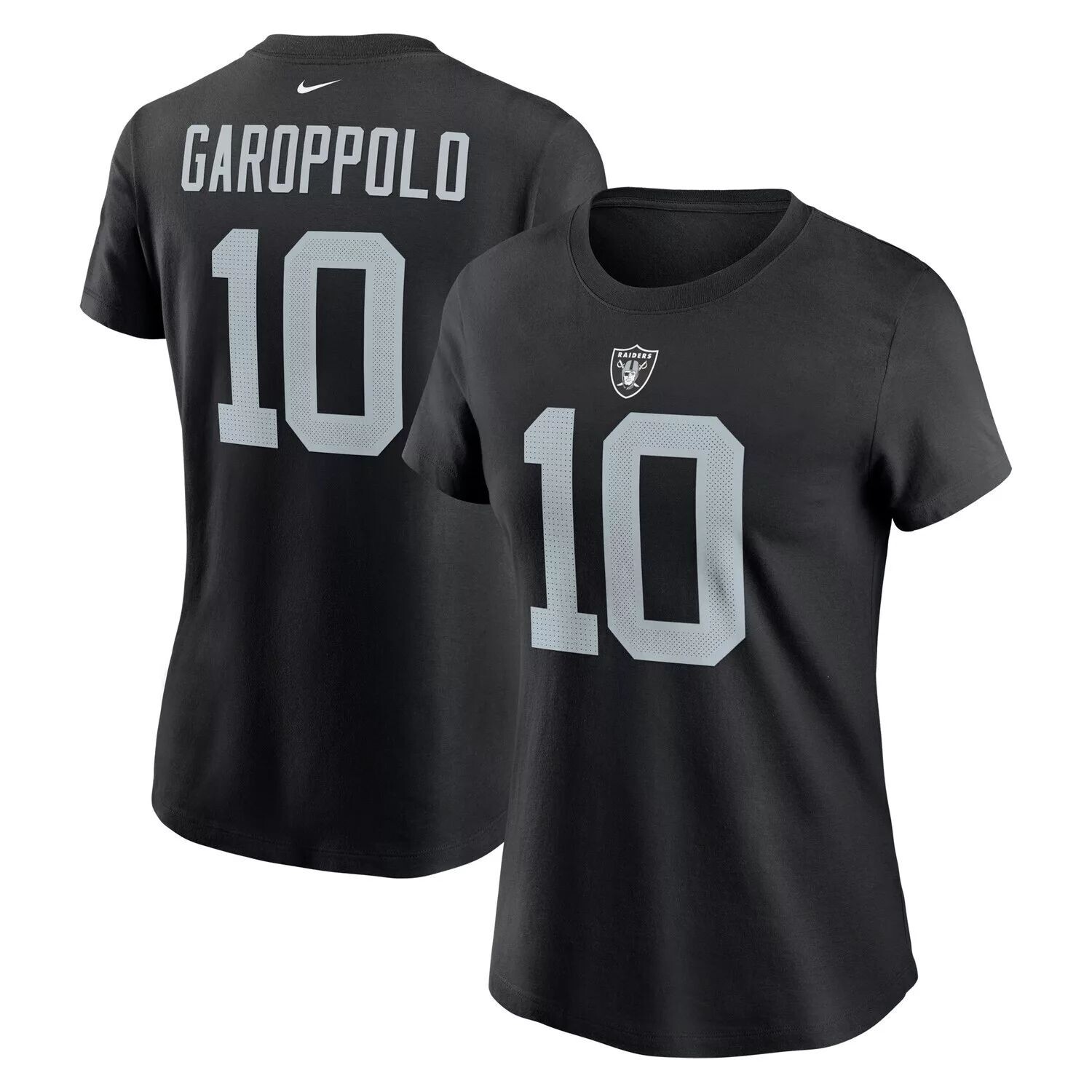 

Женская черная футболка с именем и номером игрока Nike Jimmy Garoppolo Las Vegas Raiders Nike, Черный, Женская черная футболка с именем и номером игрока Nike Jimmy Garoppolo Las Vegas Raiders Nike