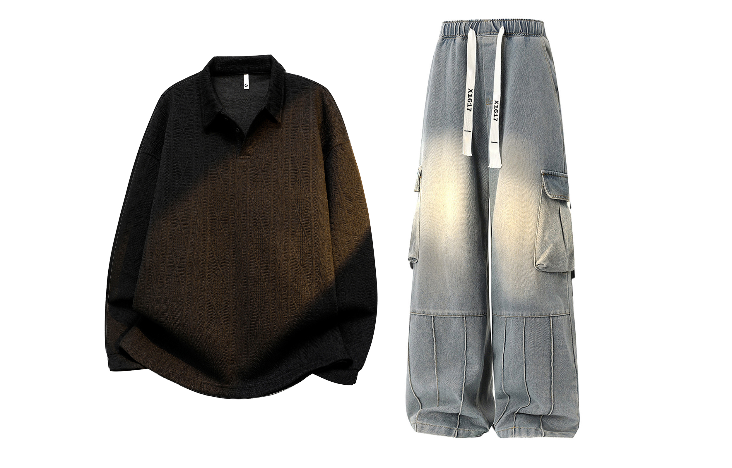 

Повседневная спортивная одежда Unisex Lapel Thin X1617, черный top (long-sleeved)+синий pants