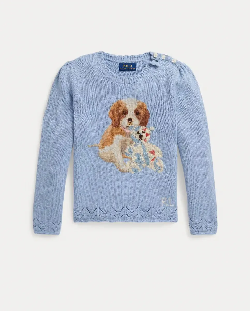 Джемпер для девочки с круглым воротником с фестонами Polo Ralph Lauren, светло-голубой — фото 4
