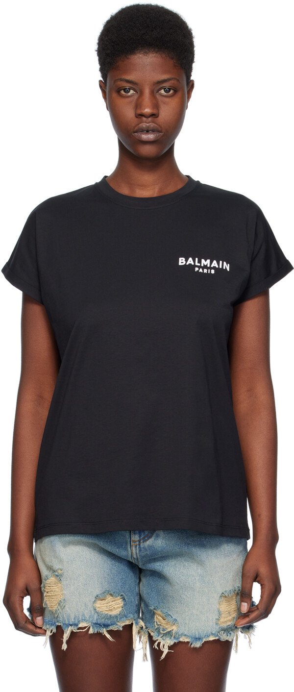 

Черная футболка с флокированием Balmain