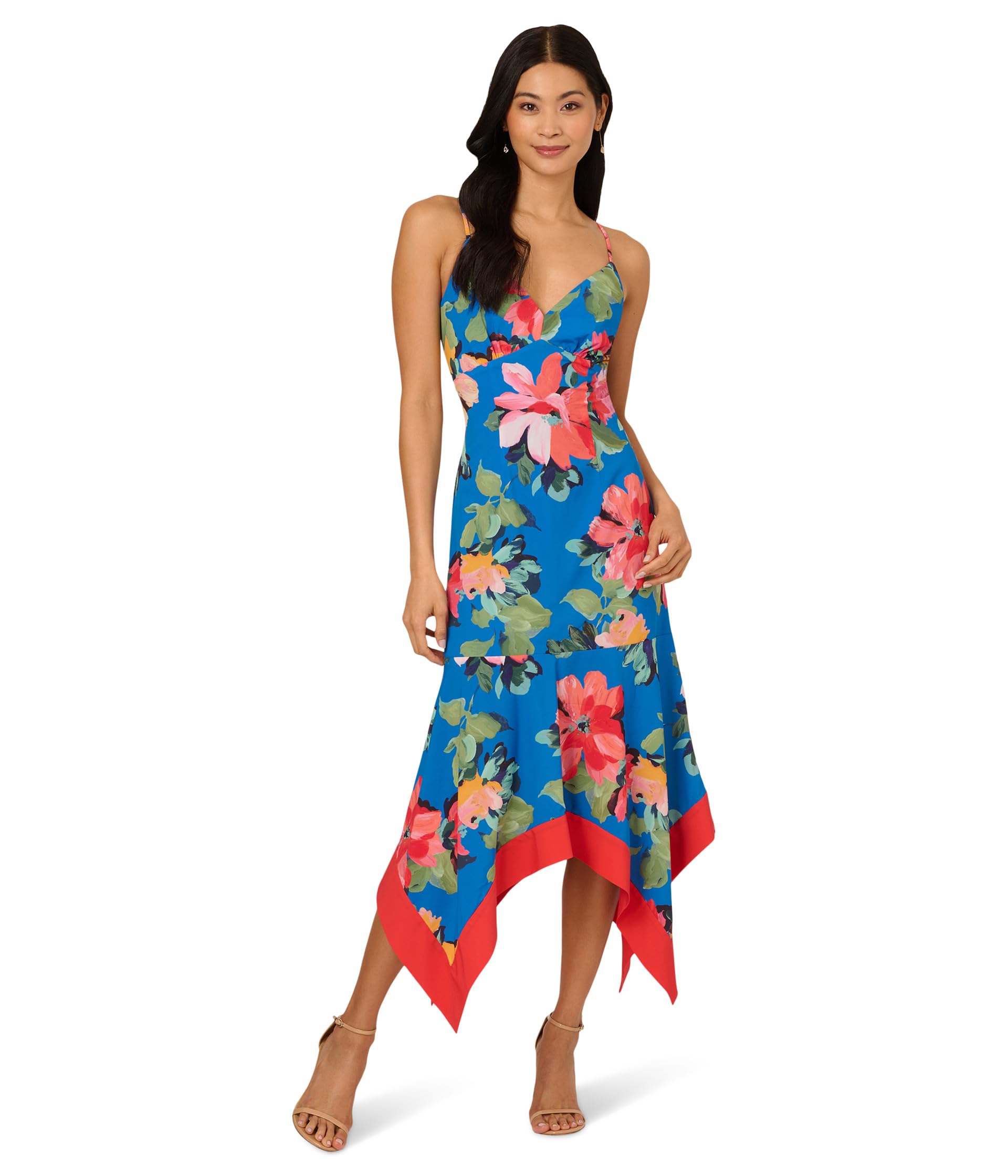 

Платье Adrianna Papell Handkerchief Floral Midi Dress, черный мульти