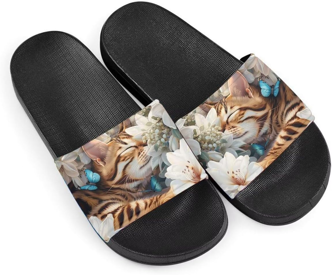 

Женские легкие сандалии Cat Cusual, широкие шлепанцы с противоскользящей подошвой для дома, улицы и пляжа Getelinseng, Cat Flower Butterfly