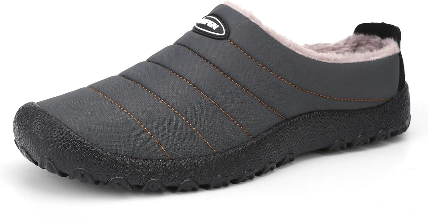 

UBFEN Мужские и женские зимние теплые тапочки с пушистой плюшевой подкладкой, домашние и уличные, с противоскользящей резиновой подошвой, темно-серый