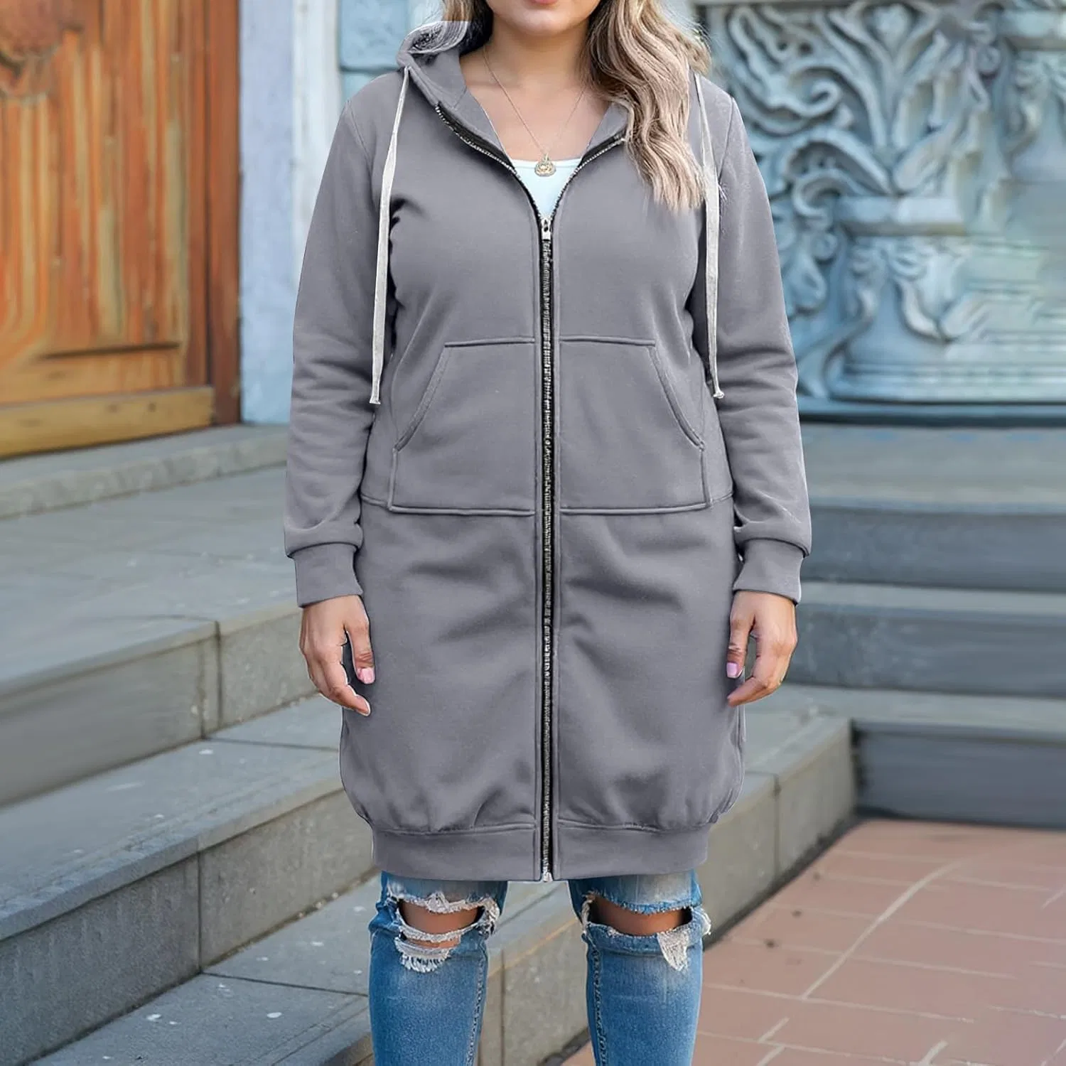 Женская худи с капюшоном на молнии, оверсайз, Light Gray — фото 3
