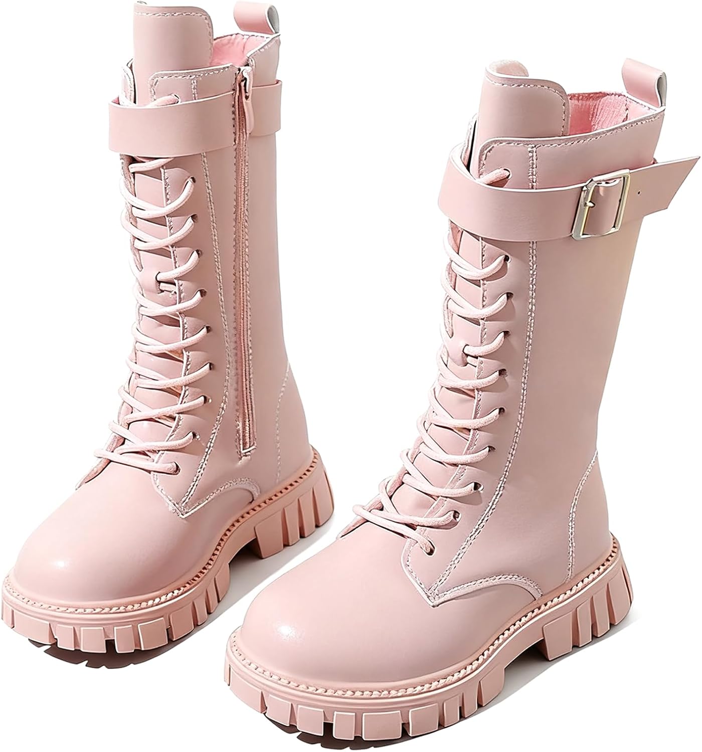 

Ботинки для девочек кожаные с шнуровкой, средние по голенищу, с боковой молнией и ремешком на щиколотке, панк/готический стиль, подошва с протектором, размер 4-11 лет BANGTEUO, Pink