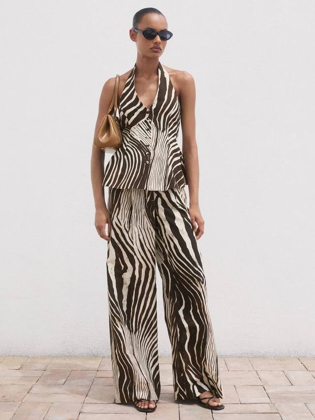 

Широкие брюки с принтом диких животных из смеси льна и хлопка Mango, Dark Brown