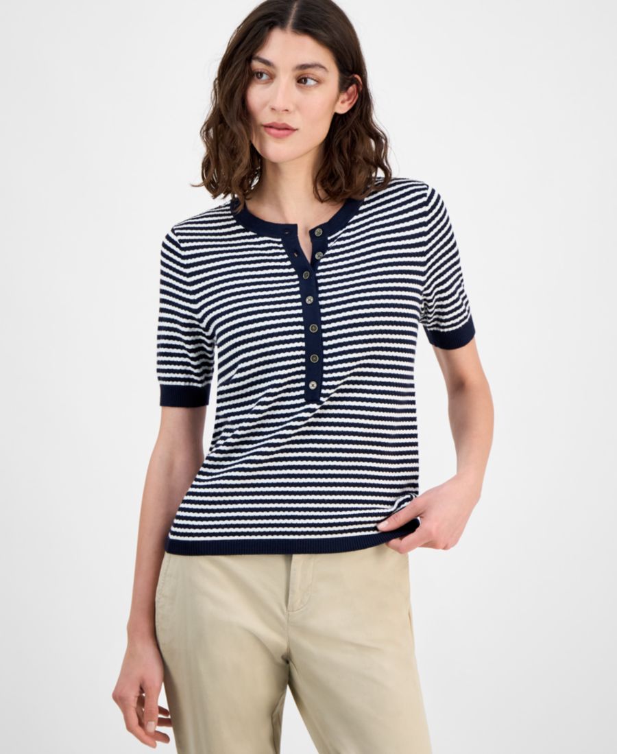 

Женский полосатый свитер-хенли Tommy Hilfiger, Sky Captain/ Ivory