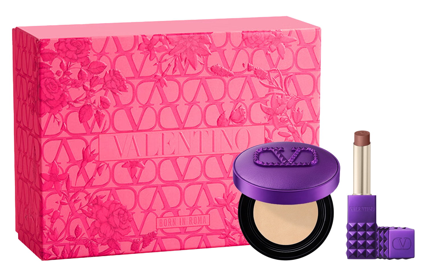 

Valentino Дикий фиолетовый тональный крем-подушечка Dewy Air Cushion и помада-студ Makeup Sets, легко растушевывается, выравнивает тон кожи, 2,3 г+12 г