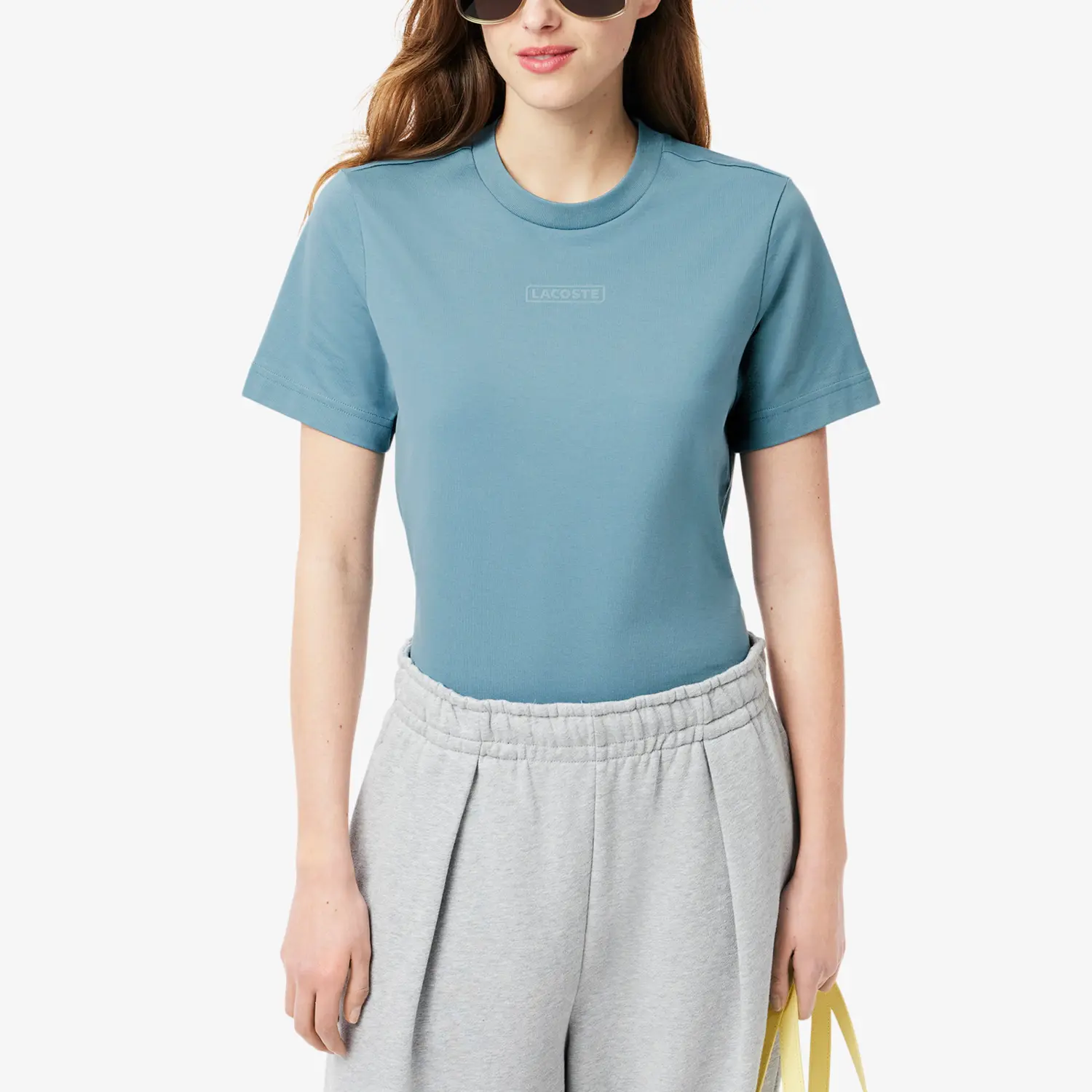 Футболка женская LACOSTE, синяя, с фирменным логотипом — фото 3
