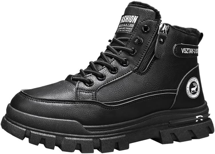 

Мужские ботинки Мотоциклетные ботинки для мужчин Зимние снежные ботинки Теплые с меховой подкладкой Ботинки для походов Круглый носок Шнуровка Повседневная обувь с боковой молнией Hhhchpm, черный