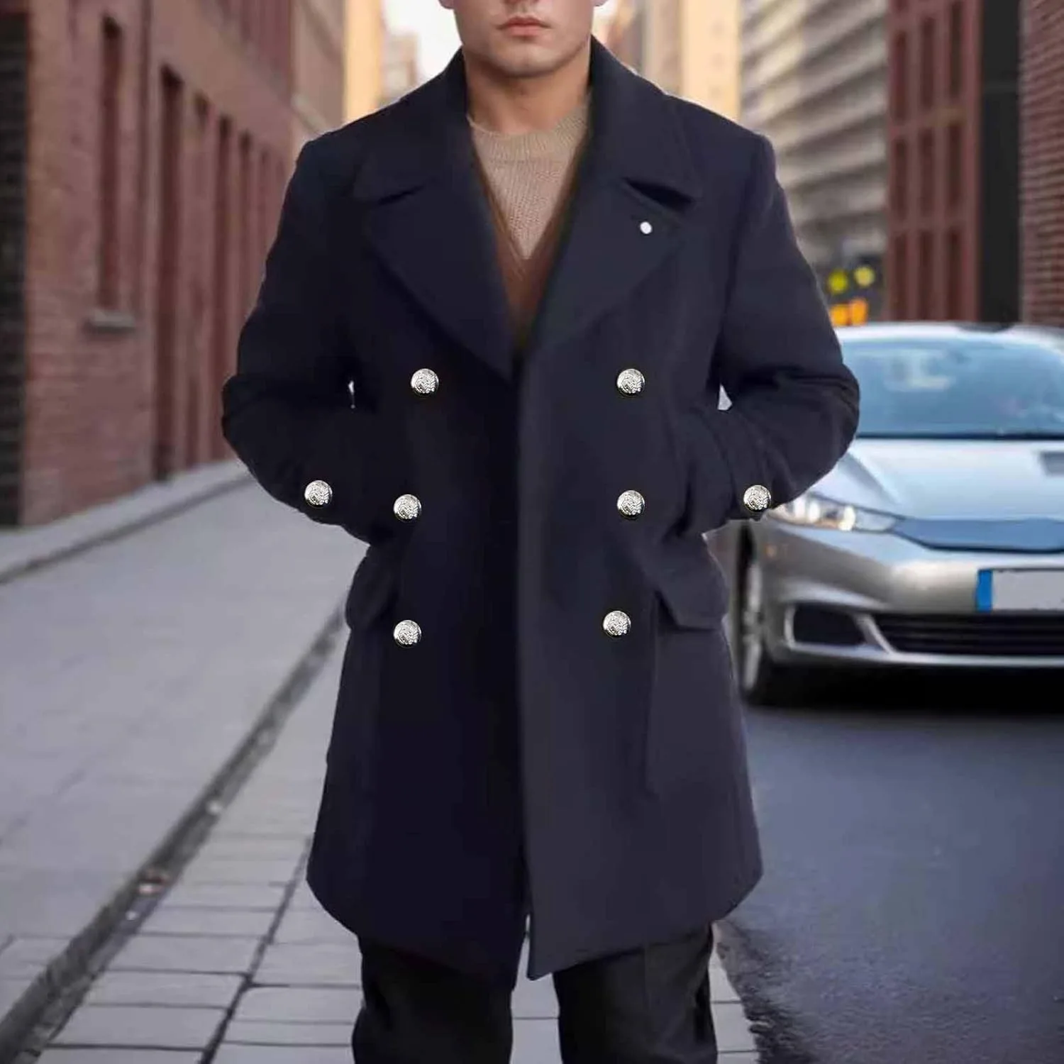 Мужское пальто из шерстяной смеси с поясом, двубортное, с лацканами, тренч, утепленное зимнее пальто с карманами Generic, темно-синий — фото 3