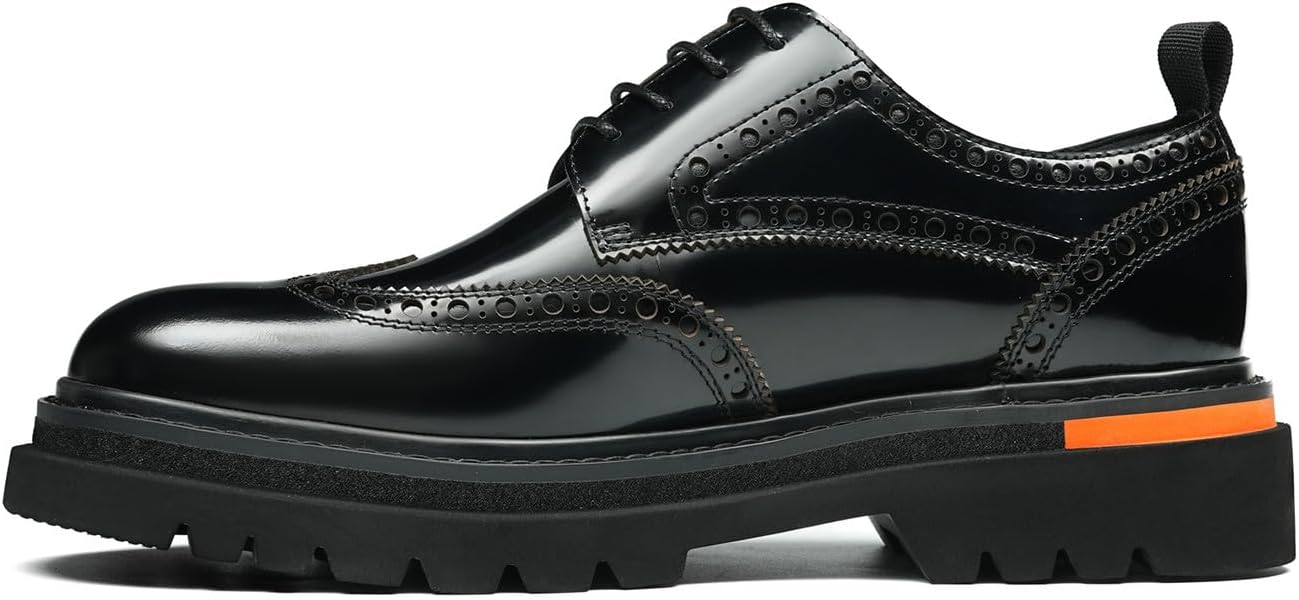 Мужские классические туфли Santimon Wingtip Brogue на шнуровке с грубой подошвой - блестящие дерби из натуральной кожи для повседневного ношения, деловых встреч, выпускного и свадьбы, черный — фото 2
