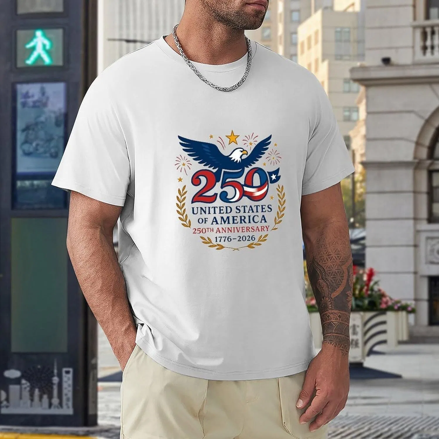 Футболка мужская, хлопковая, America's 250th Anniversary, White-style-9 — фото 2