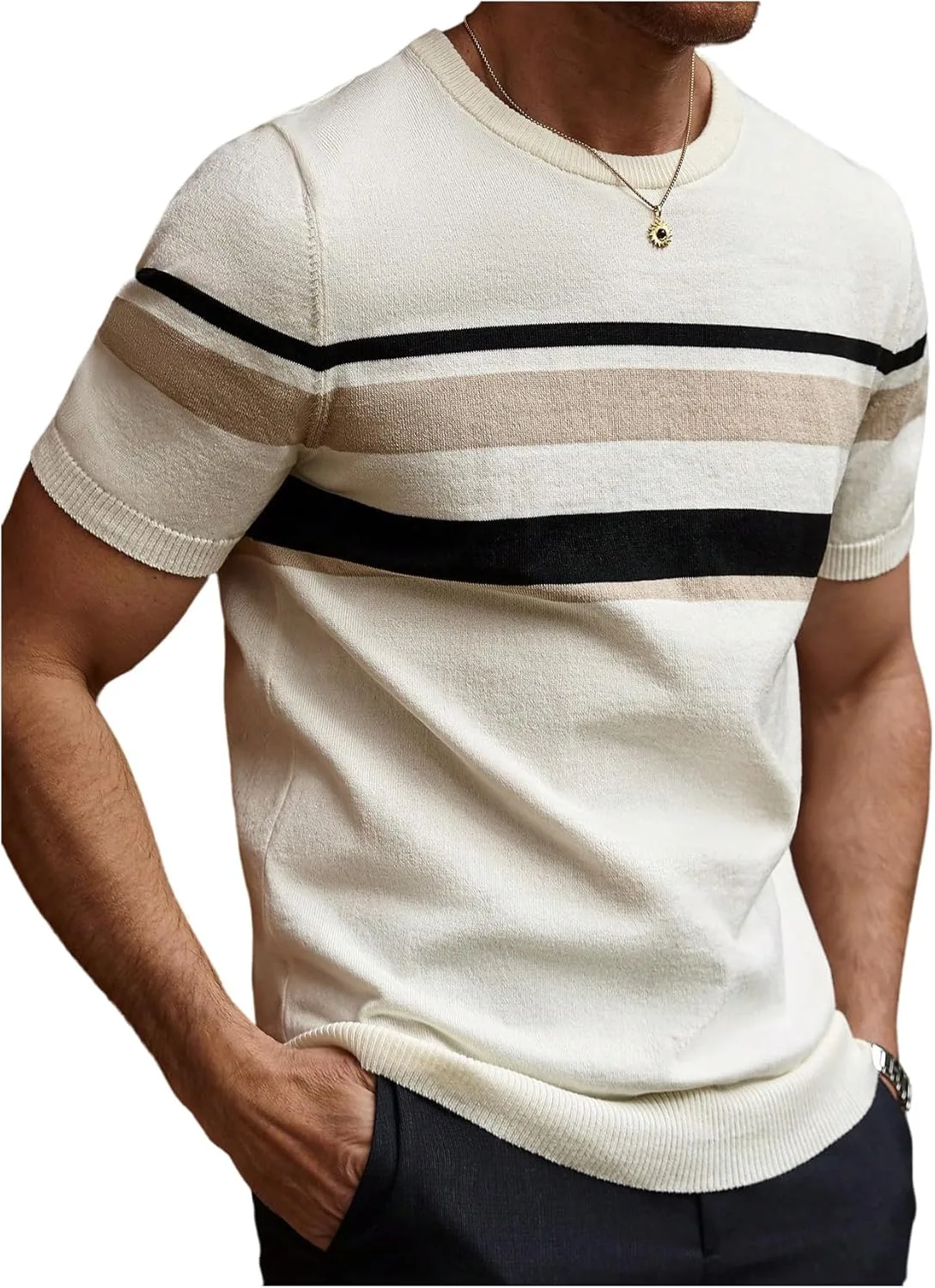 

Мужской свитер Verdusa Old Money с полосками и цветными блоками, короткий рукав, приталенный