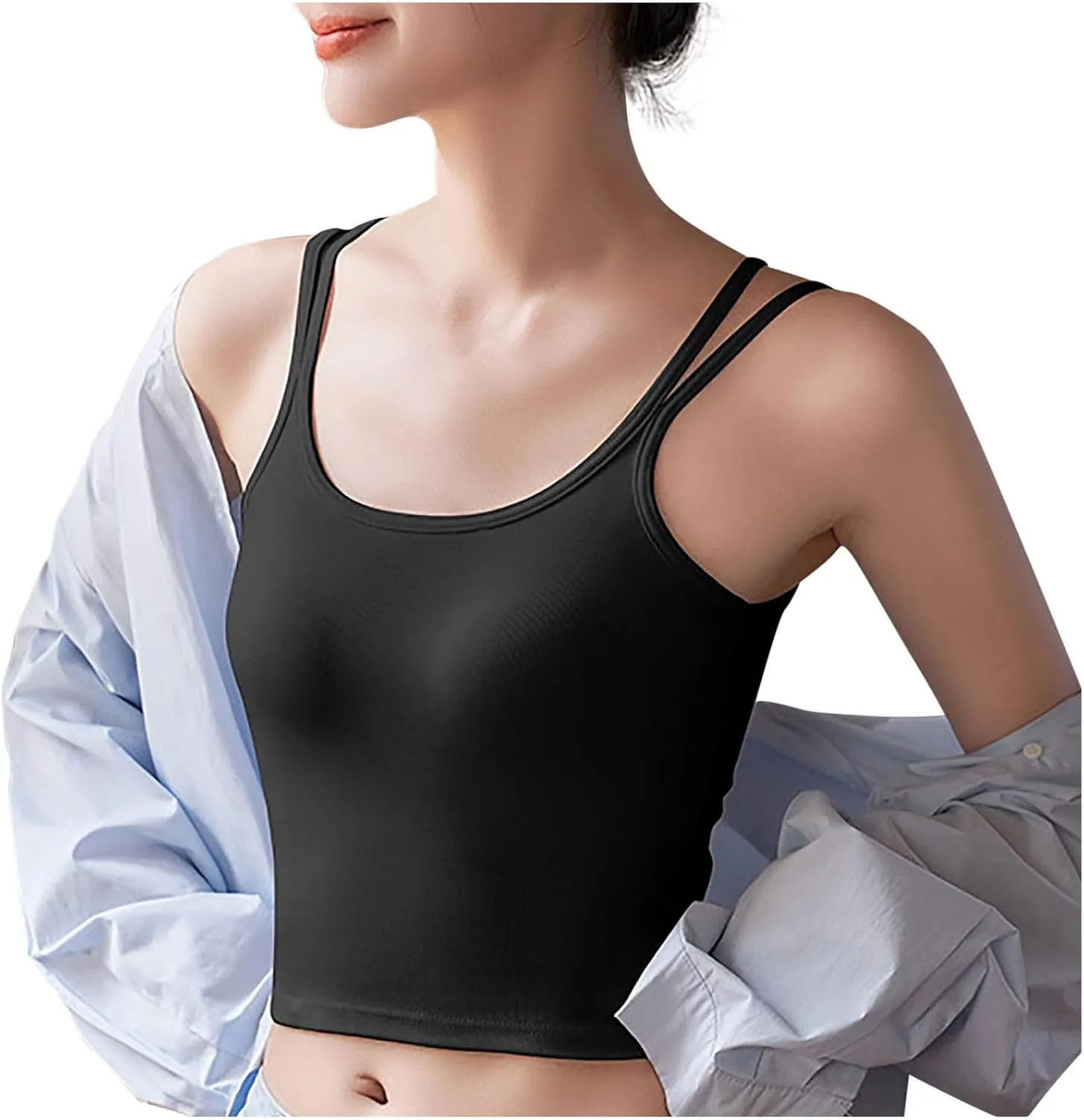 Топ с встроенным бюстгальтером для женщин 2026 Stretch Spaghetti Strap Camisole для многослойности с мягкими чашечками Generic, черный