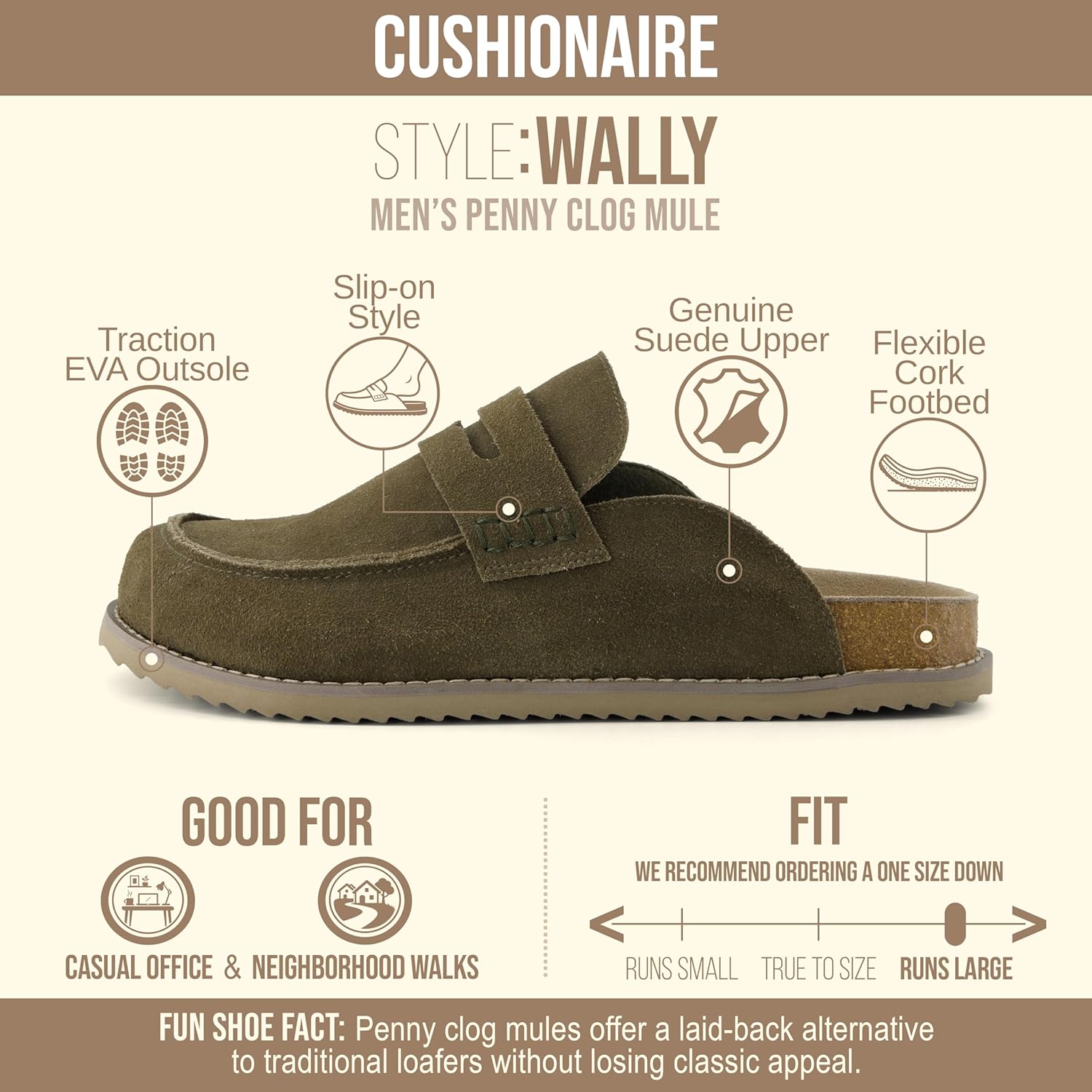 Мужские замшевые сабо CUSHIONAIRE Wally в стиле лоферов, с открытой пяткой, для дома и улицы, с амортизирующей стелькой, Olive — фото 4