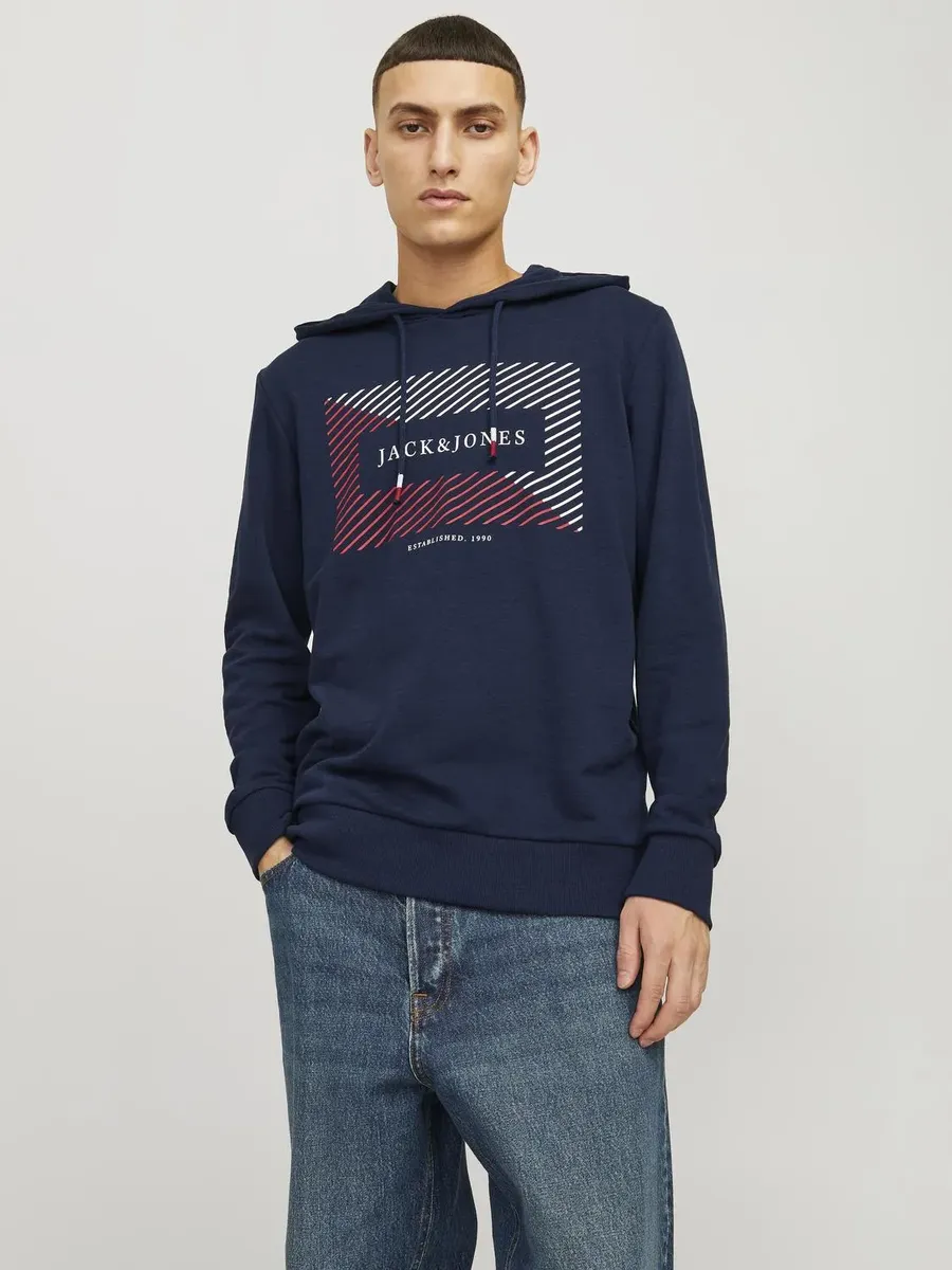 

Толстовка Jack & Jones "JJCYRUS SWEAT HOOD: удобный смесовый хлопок с крутым резиновым принтом", универсальная толстовка: приятный свитер, синий