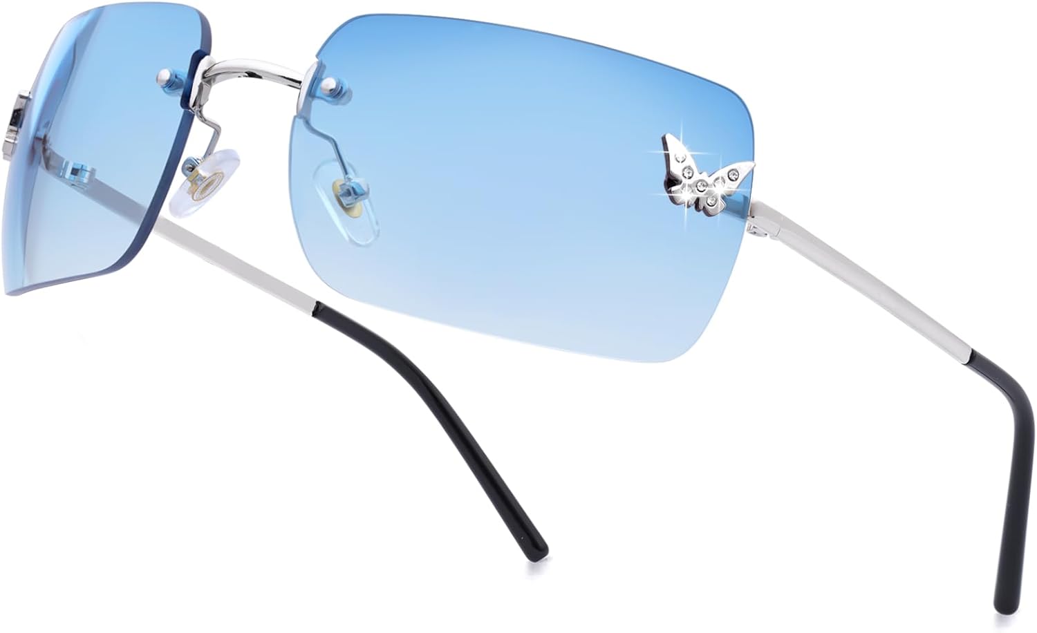 

knliwkm Безободковые прямоугольные солнцезащитные очки в стиле Y2k для женщин и мужчин, милые, маленькие, с прозрачными тонированными линзами, модные очки 2000-х годов, бабочка, Silver, Gradient Blue