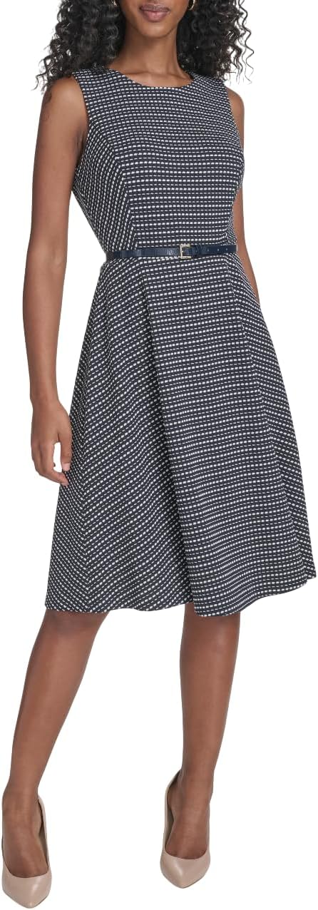 

Женское платье миди Tommy Hilfiger без рукавов с поясом, облегающее и расклешенное, Sky Captain/Ivory