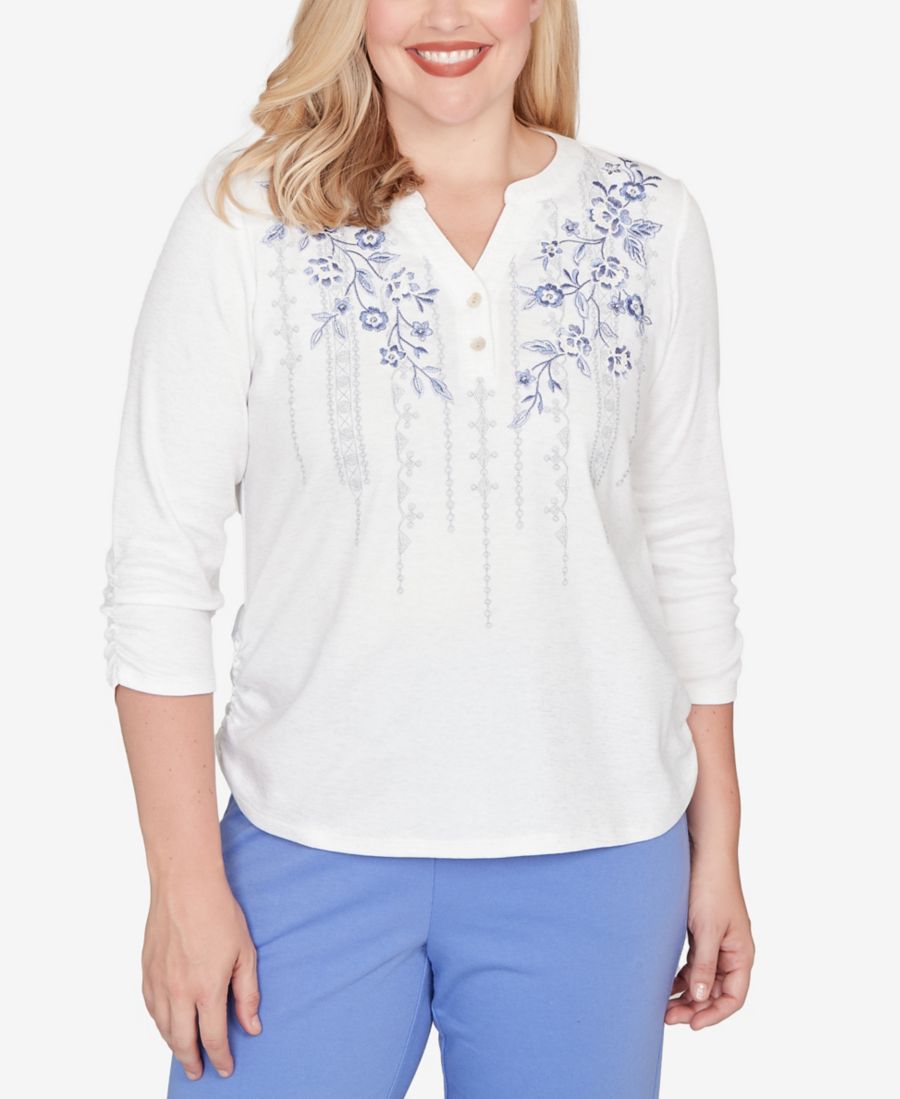 

Женская повседневная футболка-поло с геометрическим цветочным принтом и сборками Alfred Dunner, Ivory