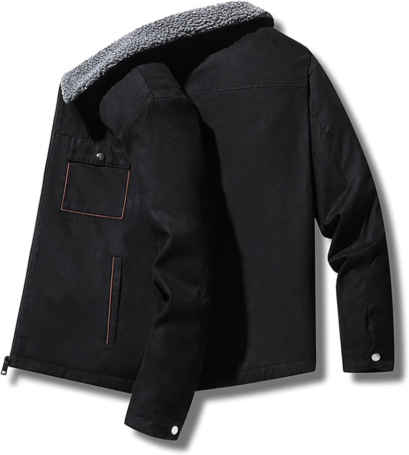 Зимнее пальто для мужчин Sherpa Fleece Lined Jacket с полной застежкой-молнией, утепленная верхняя одежда, винтажное зимнее пальто Generic, черный — фото 4