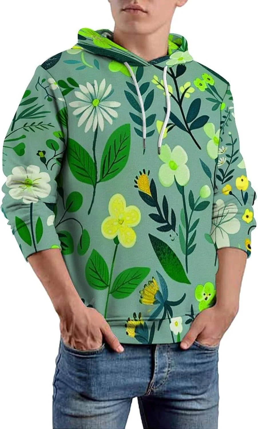 

Мужская толстовка с цветочным принтом, свободная, с капюшоном на шнурке PIVUWXOB