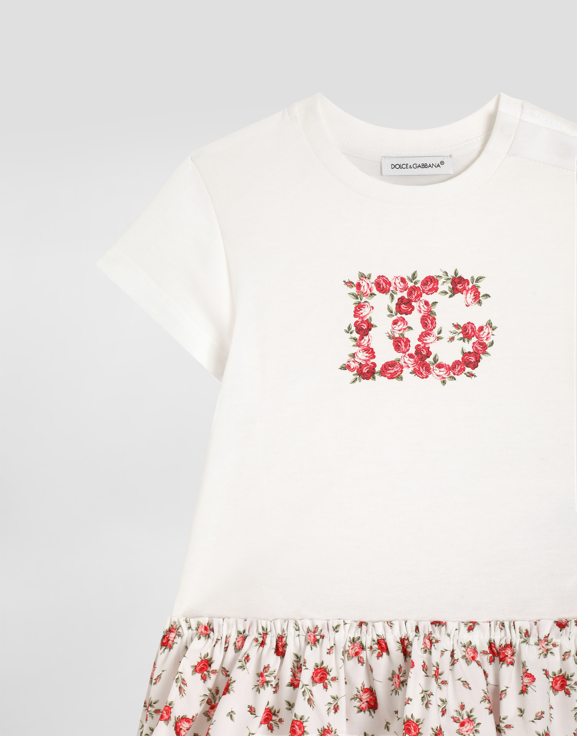 Платье из трикотажа и поплина с принтом из маленьких роз и логотипом DG DOLCE & GABBANA, мультиколор — фото 4