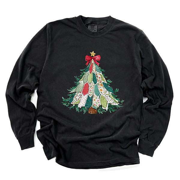 

Футболка с принтом Christmas tree stitched, женская, длинный рукав, garment dyed Simply Sage Market, Black