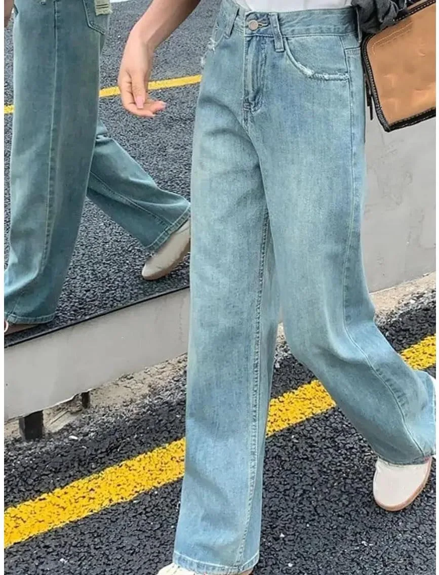 Женские джинсы High Waist Light Blue Ripped Denim Wide Leg — фото 2