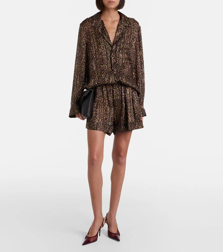 Шелковые шорты с леопардовым принтом Saint Laurent, коричневый — фото 2