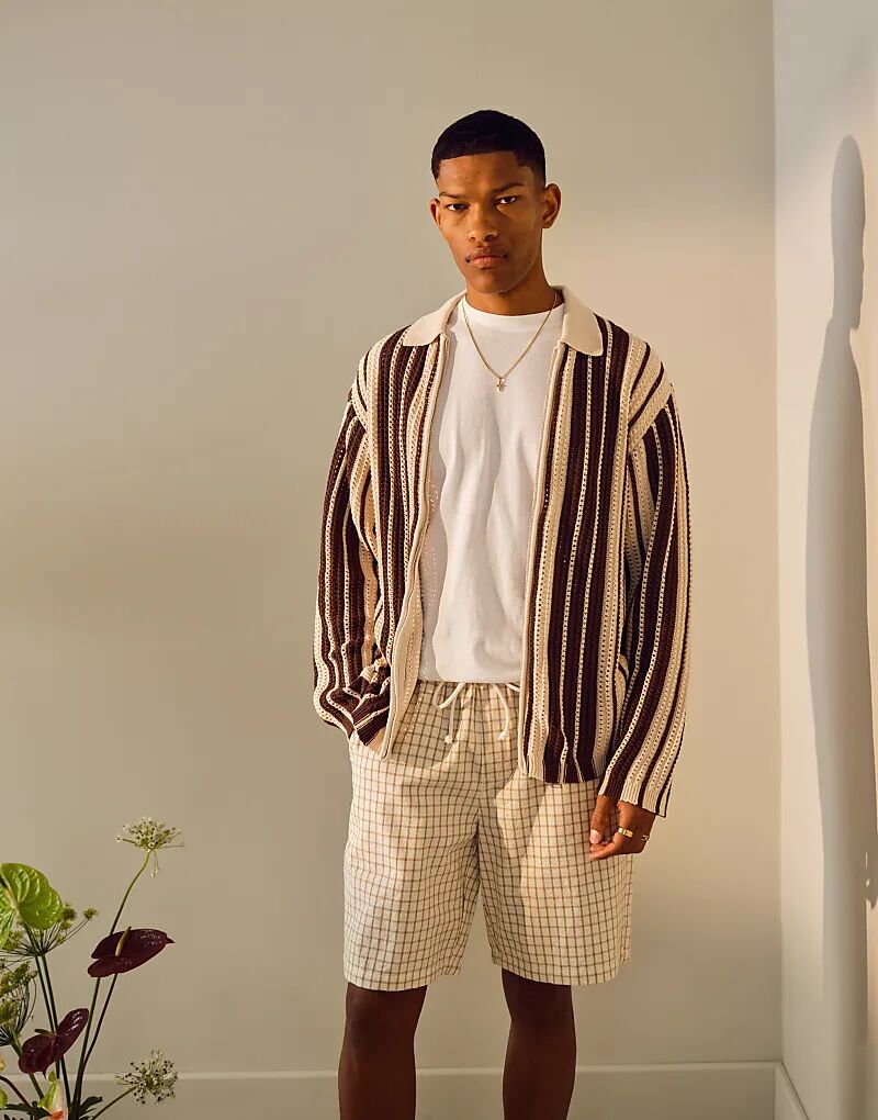 

Трикотажное поло Topman с длинными рукавами в коричнево-бежевую полоску