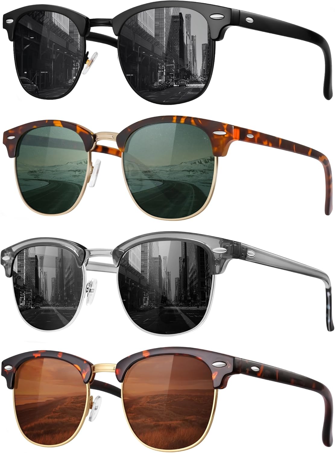 

Классические поляризованные солнцезащитные очки для мужчин и женщин в стиле ретро, ​​полуободковая оправа, 100% защита от УФ-излучения FURISHQI, 4pcs-black+leopard G15+clear Gray+leopard