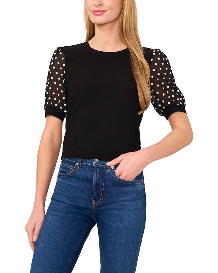

Топ CeCe Embroidery Puff Sleeve Mixed Media Knit Top, цвет Rich Black