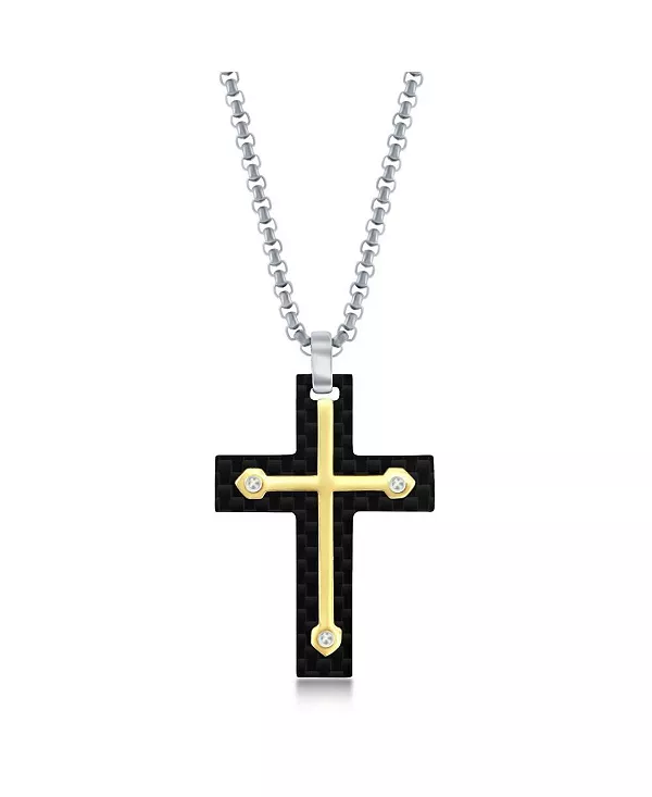 

Мужское ожерелье из нержавеющей стали с черным углеродным волокном и золотым крестом Metallo, gold
