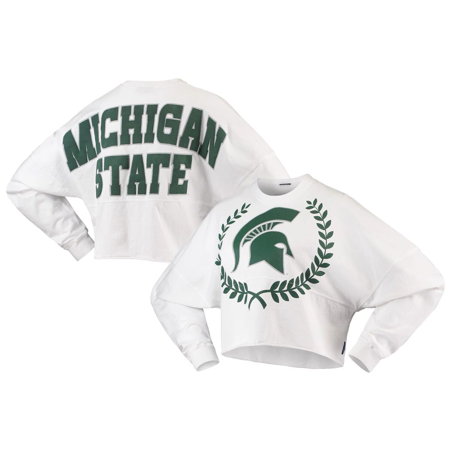 

Белая женская укороченная футболка с длинными рукавами Michigan State Spartans Laurels, Белый, Белая женская укороченная футболка с длинными рукавами Michigan State Spartans Laurels